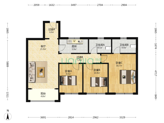 海信依云小镇格林 3室1厅2卫 128平方