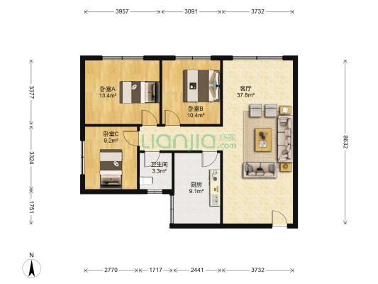 颐泰巷 3室1厅1卫 106平方