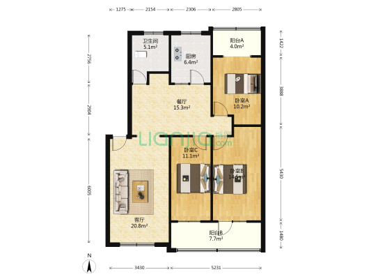 西城区单位家属院通透三居室出售-户型图