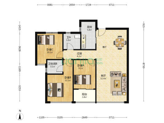 民发汉江一品A区 3室1厅2卫 114平方