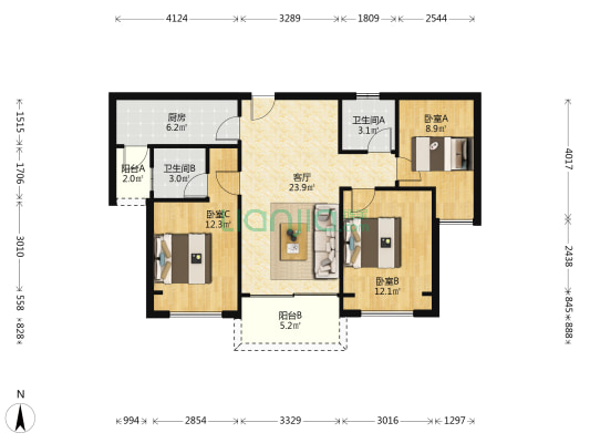 碧桂园-天誉 3室1厅2卫 100平方