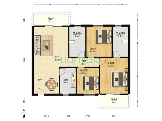 安仁里小区 2室1厅2卫 124平方