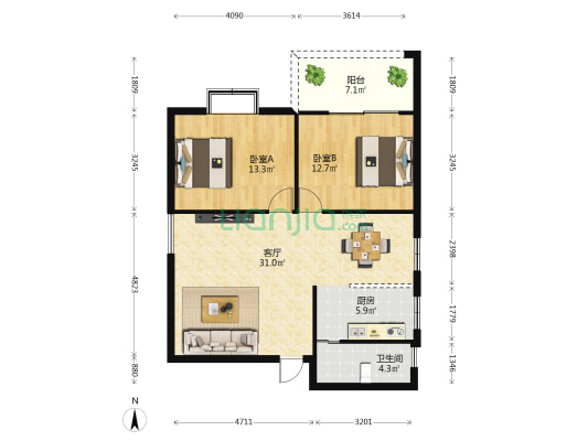 藏风苑 2室1厅1卫 91平方