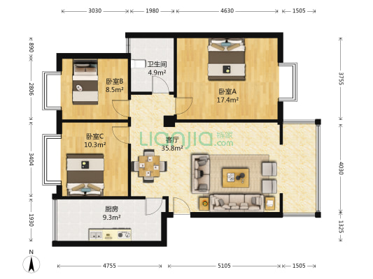 江安河西路上段282号 3室1厅1卫 95平方