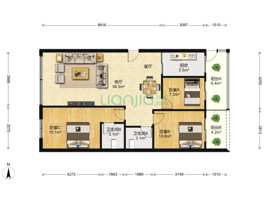 豪景阁 3室1厅2卫 106平方