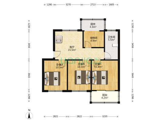 秦岭路5号院 3室1厅1卫 81平方
