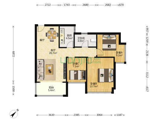 华发峰景名苑 3室1厅1卫 88平方