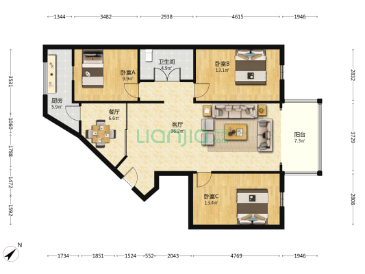 民主小区 3室2厅1卫 120平方