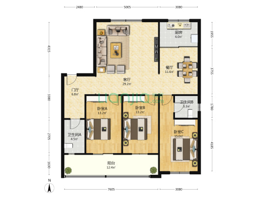天成阳光小区 3室2厅2卫 147平方