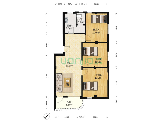 建设北路 3室1厅1卫 91平方