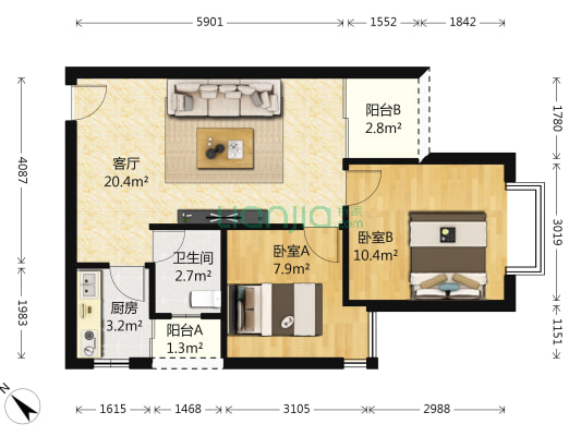 心语家园 2室1厅1卫 60平方
