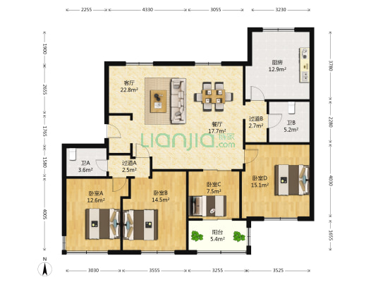 大都市采弄住宅楼 4室2厅2卫 130平方