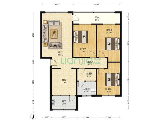 章丘区实验中学宿舍 3室2厅1卫 131平方