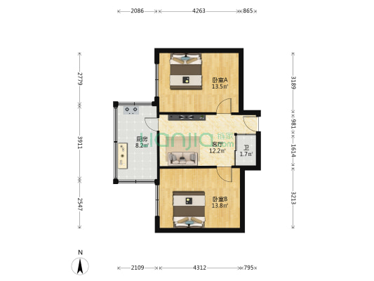 电业局宿舍(北新街) 2室1厅1卫 62平方