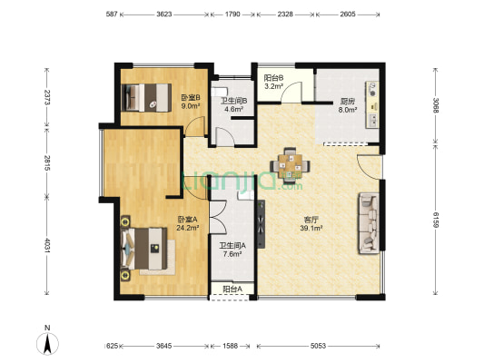 中渝香奈公馆 2室1厅2卫 137平方
