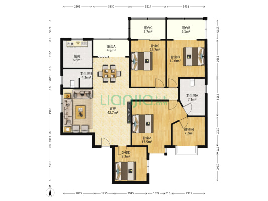 湖南省农办农广校商品房 4室1厅2卫 171平方