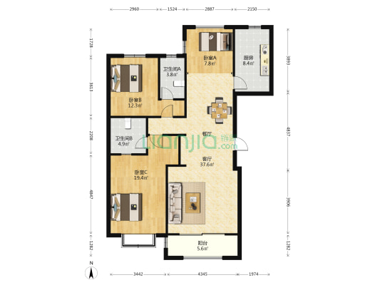 鼓楼金茂府二期 3室1厅2卫 127平方