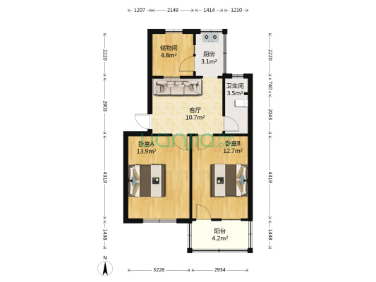 技师学院宿舍 2室1厅1卫 66平方