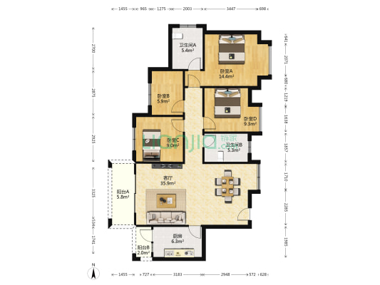 群升大智汇思雅郡A组团 4室1厅2卫 127平方