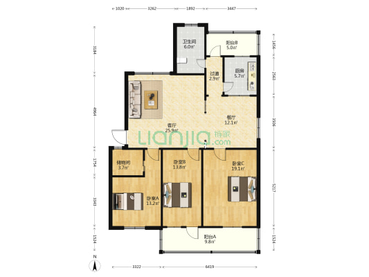 东新北路100号 3室2厅1卫 126平方