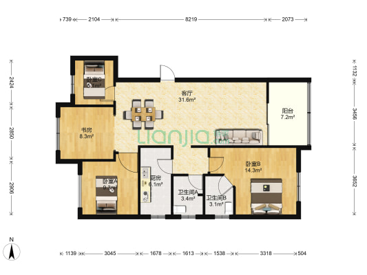 东原时光道 4室1厅2卫 124平方