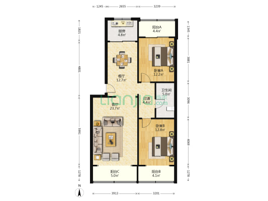 凤城三路14号 2室2厅1卫 100平方