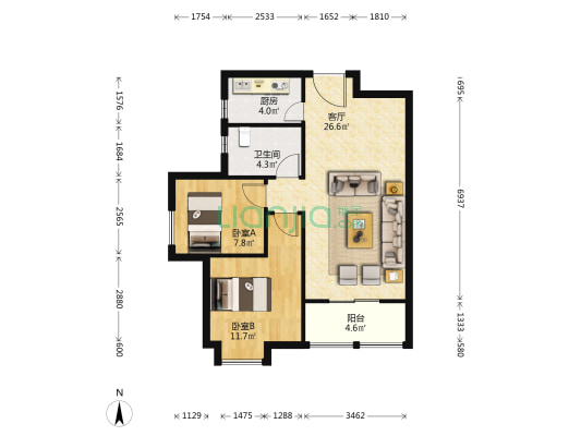 邓甲新城B区 2室1厅1卫 83平方