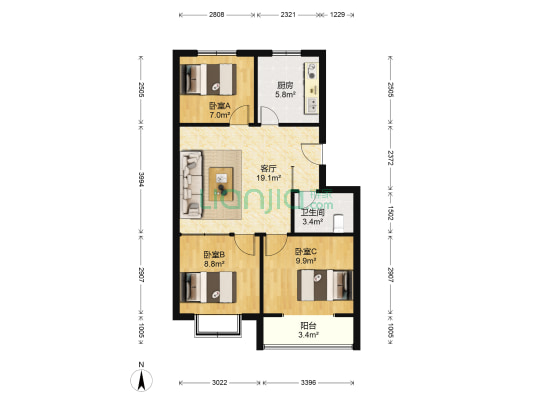 文化花园 3室1厅1卫 73平方