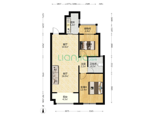 坤禧天安世家 2室2厅1卫 87平方