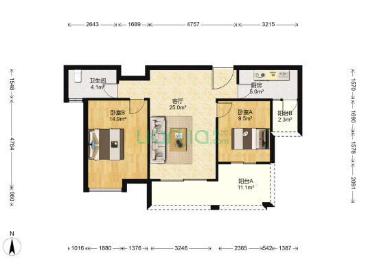 越秀星汇花园东区 2室1厅1卫 88平方