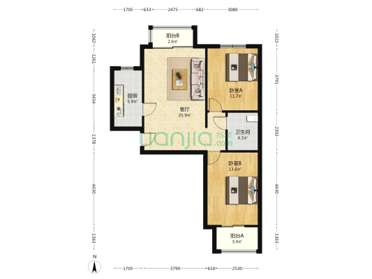 838总站旁南北通透两居室出售房本满二-户型图