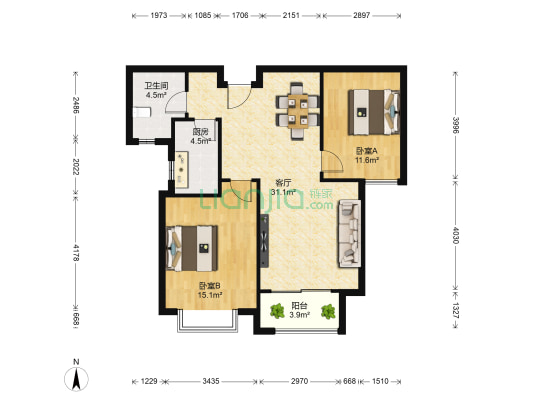 北焦花苑 2室1厅1卫 98平方