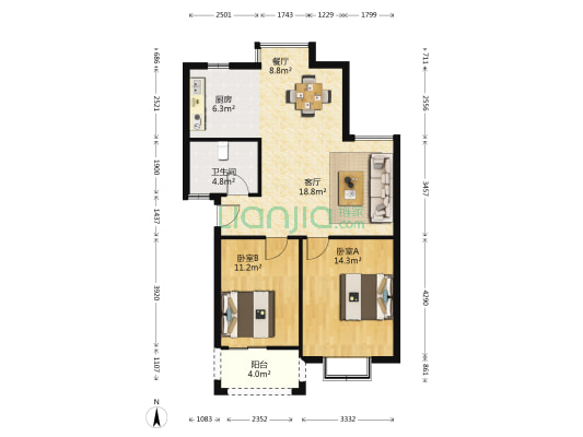 润江花园 2室2厅1卫 85平方