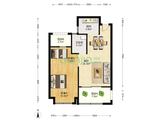大树彩虹里 2室1厅1卫 90平方