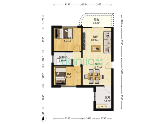 龙威花园 2室2厅1卫 68平方