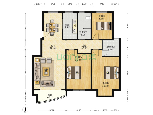 新东方华庭 3室1厅2卫 143平方