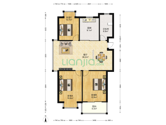 五爱家园 3室1厅1卫 130平方