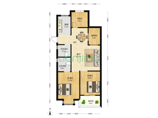 邻湖嘉园北区 3室1厅2卫 88平方