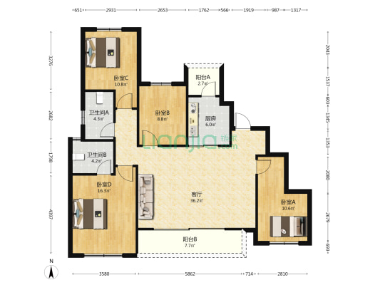 龙湖三千云锦 4室1厅2卫 130平方