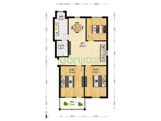莲塘市场小区 3室1厅1卫 95平方