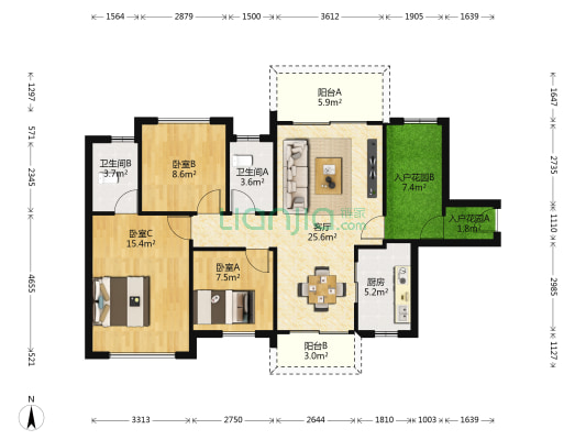 天誉虹悦1925 3室1厅2卫 102平方