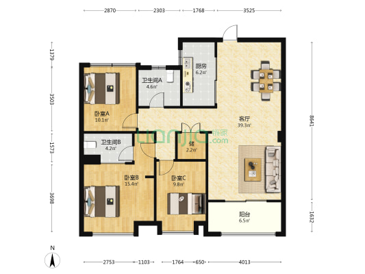 恒盛花苑 3室1厅2卫 113平方
