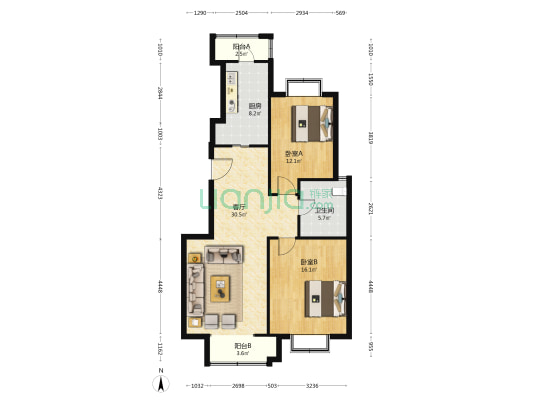 星河湾花苑 2室1厅1卫 107平方