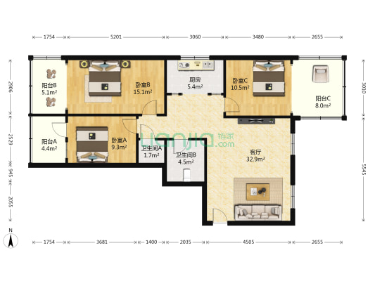 西太华工贸集团小区 3室1厅2卫 130平方