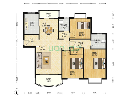 宇泰景苑 3室2厅2卫 135平方