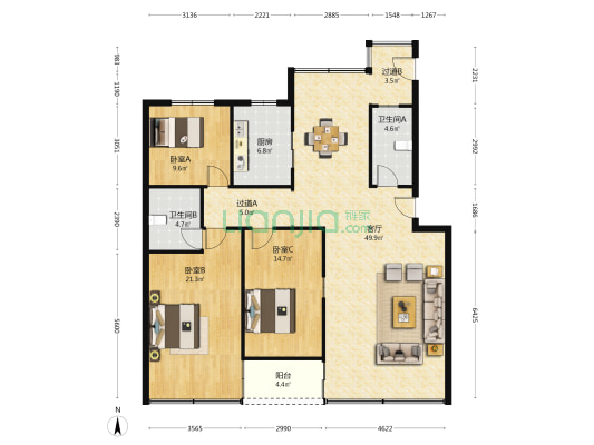 徐东安居住宅小区 3室1厅2卫 134平方