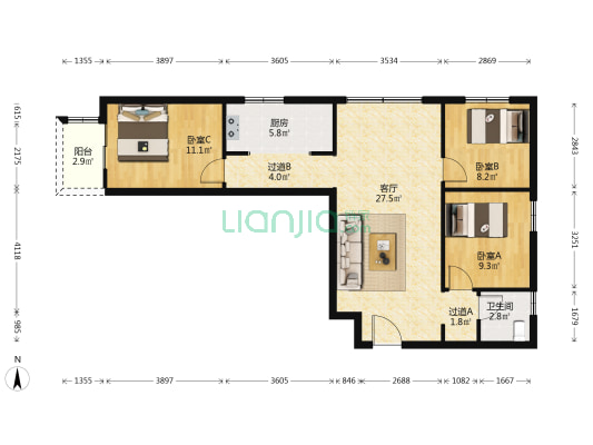 融创兰园 3室1厅1卫 100平方