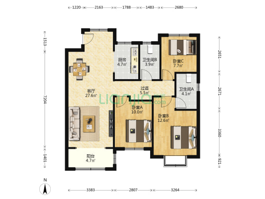 绿地新里璞园西区 3室1厅2卫 122平方