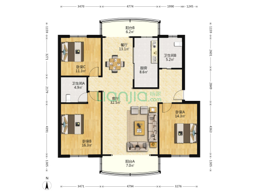 金钟苑 3室2厅2卫 143平方