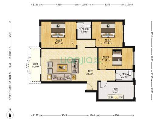 顺兴苑 3室1厅2卫 110平方